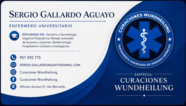 Tarjeta de presentación de Sergio Gallardo Aguayo, Enfermero Universitario, empresa Curaciones Wundheilung. Teléfono 951 592 775, correo sergio.gallardoaguayo@gmail.com, Instagram y Facebook Curaciones Wundheilung, dirección Alfonso Donoso 41, San Bernardo.